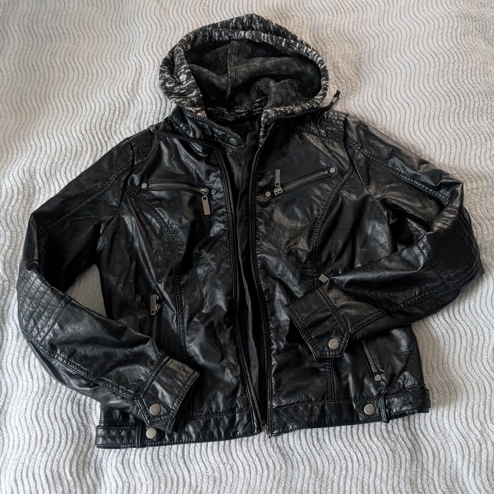 Black Leather Jacket with Hood